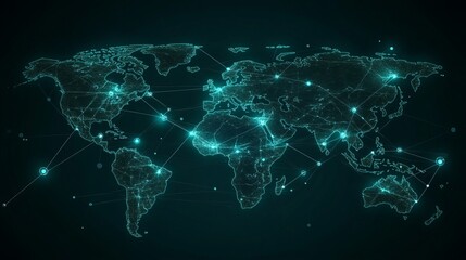 Global Network Connection Digital World Map Abstract Technology Background Futuristic Teal Green Illuminated Lines Points Nodes Representing Data Flow Worldwide Internet           