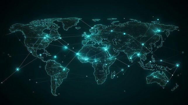 Global Network Connection Digital World Map Abstract Technology Background Futuristic Teal Green Illuminated Lines Points Nodes Representing Data Flow Worldwide Internet            - Powered by Adobe
