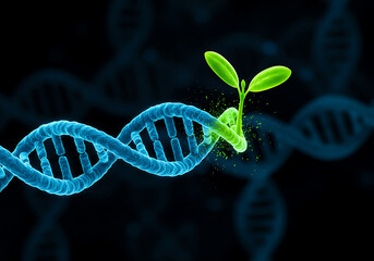 Glowing Blue DNA Helix Transforming into Green Plant Sprout — Biotechnology and Nature Concept