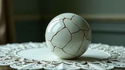 Fractured white ceramic sphere on intricate lace doily in subtle green room.