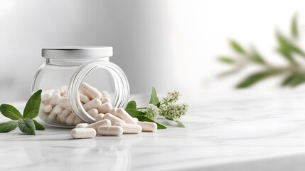 Herbal Capsules Spilled from Glass Jar on Marble