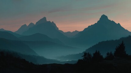 Fototapeta premium Misty mountain silhouette twilight landscape