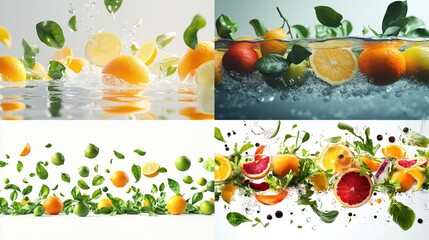 Fresh citrus fruits and leaves in water, various angles,  multiple shots