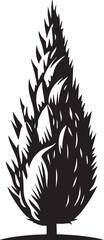 stylized black and white pine tree silhouette stands prominently against a clean white background.