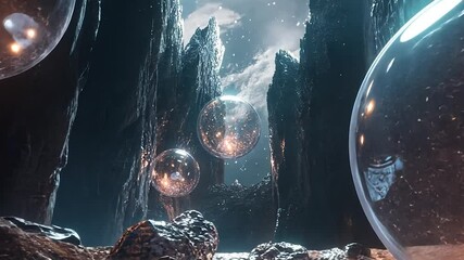 Transparent spheres in a rocky canyon at night - Powered by Adobe