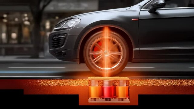 Car wheel suspension shock absorber technology for urban city roads with innovative safety and modern wireless charging features