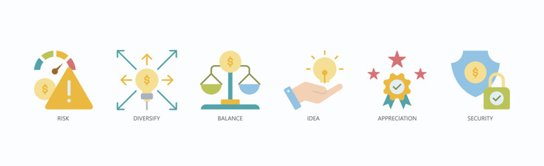 Stability Icon Set Isolated Vector With Icon Of Risk, Diversify, Balance, Idea, Appreciation, Security In Flat Style