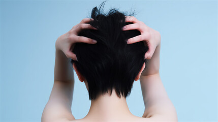 Fototapeta premium 頭をかきむしって落ち込む女性の後頭部