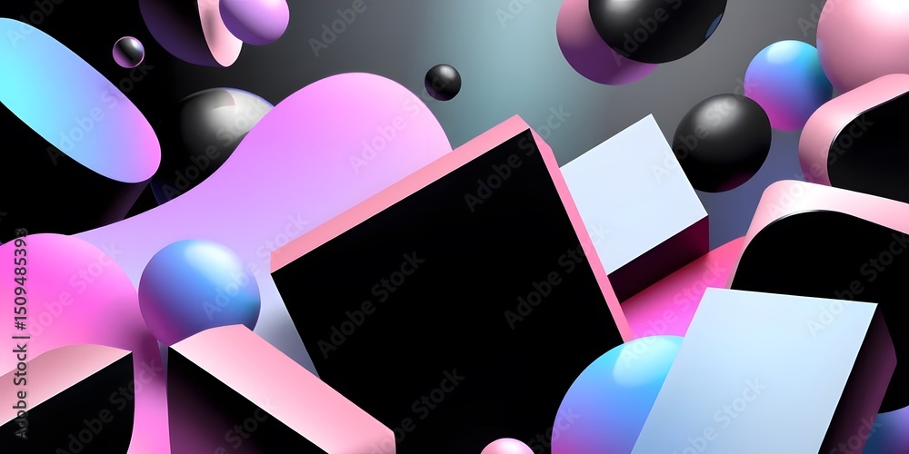 Poster abstract shapes, 3d black and white forms create a surreal design, blending with vibrant pastel colo