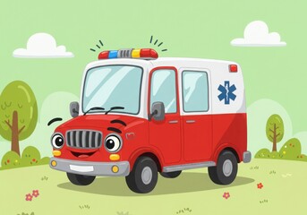 Fototapeta premium Cartoon ambulance on a green field illustration