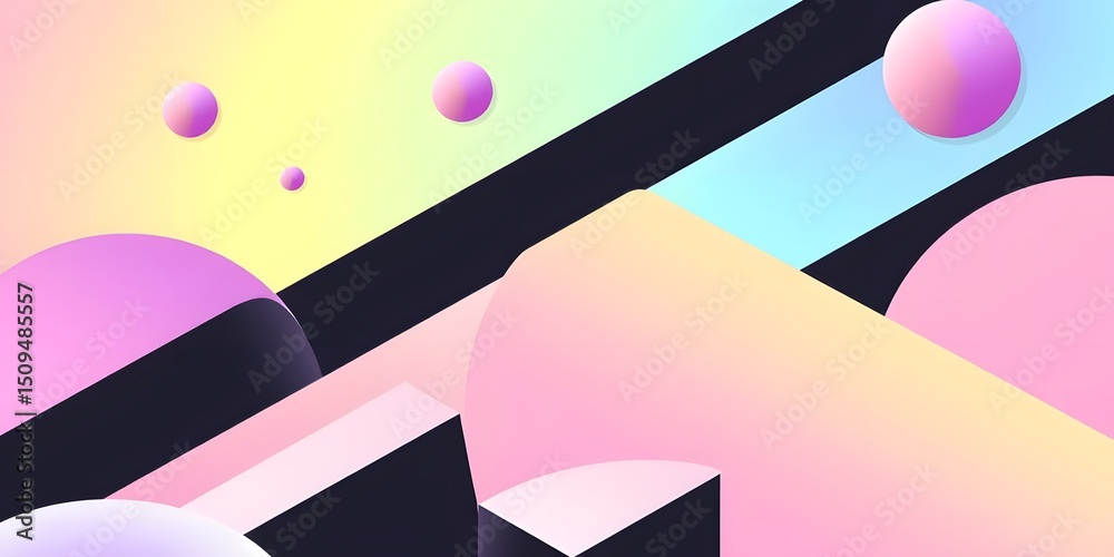 Poster retro future shapes, a mesmerizing dance of black and white geometry blending into soft pastel color