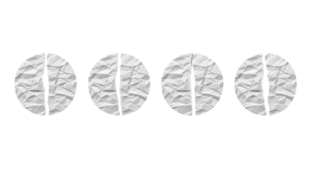 Four Crumpled Paper Circles Split in Half on a Black Background Showcasing Texture and Imperfection
