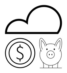 Cloud graphic, piggy bank, and coin with dollar sign suggest finance, savings, money management, cloud computing, digital services, data storage and fintech solutions. Ideal for personal finance