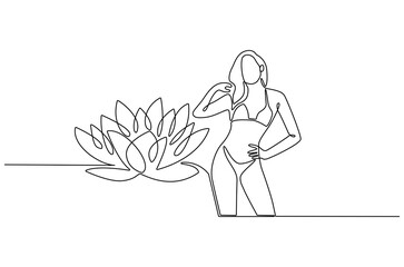 Continuous one line drawing of Woman with bikini for holiday with Lotus flower. Single line drawing illustration of Woman with Lotus. Summer vacation concept vector art. Doodle line illustration.