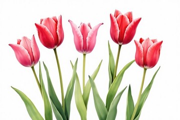 Naklejka premium Watercolor illustration of blooming pink and red tulips with striped petals, elegant summer floral set on white background