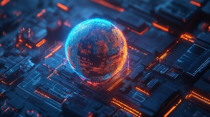 Digital Globe Futuristic Technology Abstract Network Sphere Modern Data Center Orange Blue Illuminated Circuit Board Global Connection Innovation Digital Art High Tech Background  
