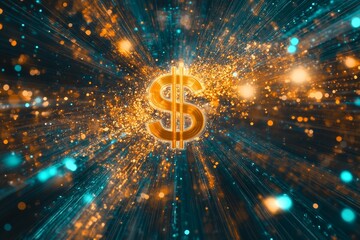 Golden dollar sign amidst a vibrant, dynamic background.