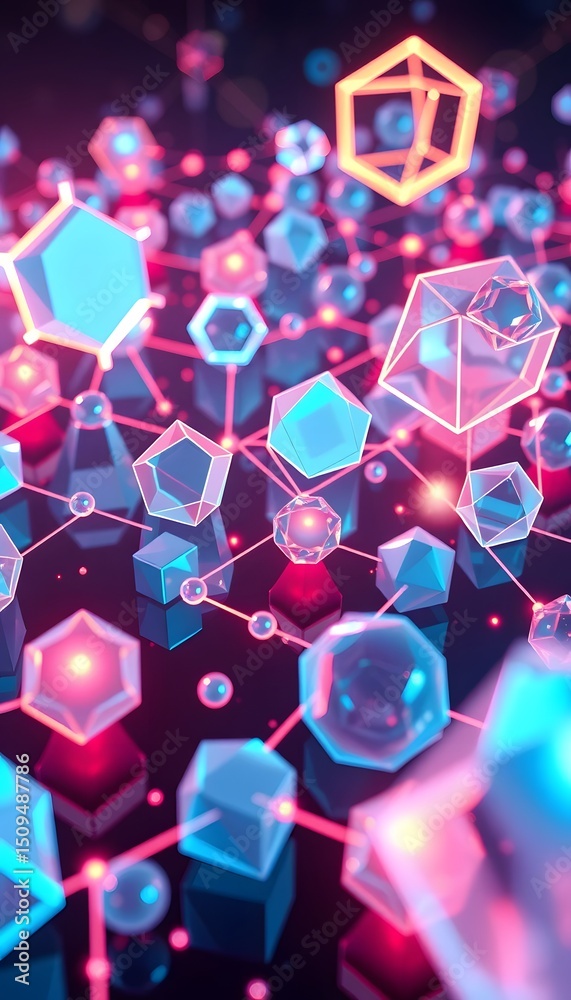 Poster futuristic holographic network. a stunning 3d rendering of interconnected digital shapes glowing wit