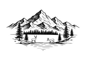 black and white hand-drawn. Montains with trees, lake and deers. vector illustration