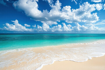 Obraz premium Pristine tropical beach scene with turquoise waters and fluffy clouds