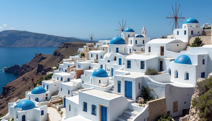Fototapeta premium Scenic view of a coastal village featuring white architecture and blue domes under a clear sky.
