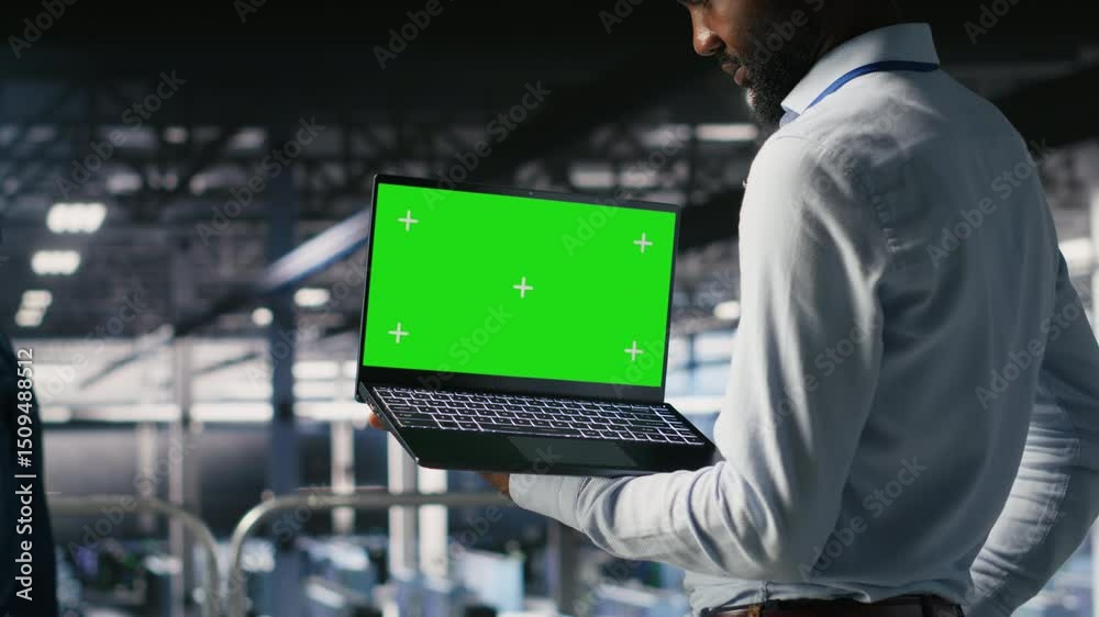 Poster data center programmers on industrial platform using green screen laptop, collaborating on tasks. se