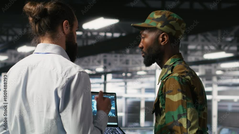 Poster army technicians in command center server room using artificial intelligence to detect cyber threats