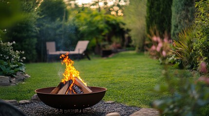 Tranquil Evening by the Cozy Firepit in Lush Green Backyard Garden