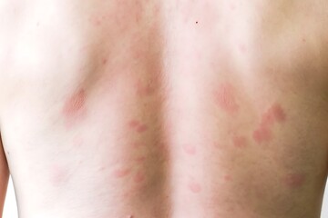 Fototapeta premium Closeup view of human back with multiple red welts and hives indicating allergic reaction or skin condition