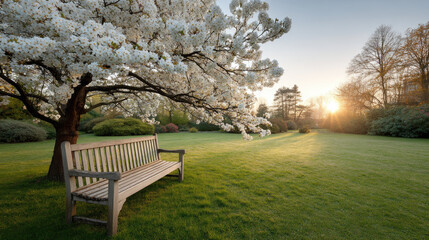Spring park with wooden bench under blooming tree at sunrise