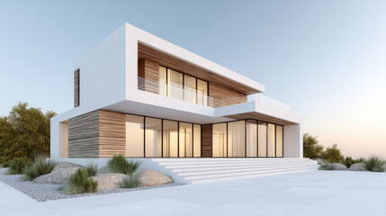 Modern house exterior with wood panel and large windows