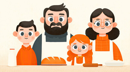 Family with bread and baking tools in warm colors