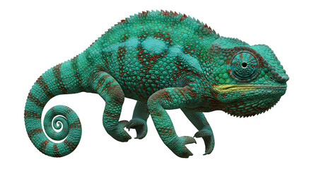 Obraz premium Detailed Turquoise Chameleon with ReddishBrown Markings and Curled Tail