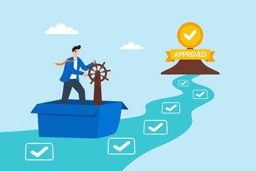 Flat illustration of quality control manager steering product boat through checklist river toward approval island