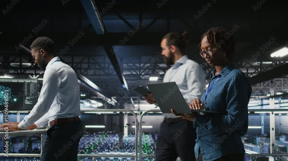 Poster portrait of joyful computer scientist in data center monitoring neural network llm visualization. up