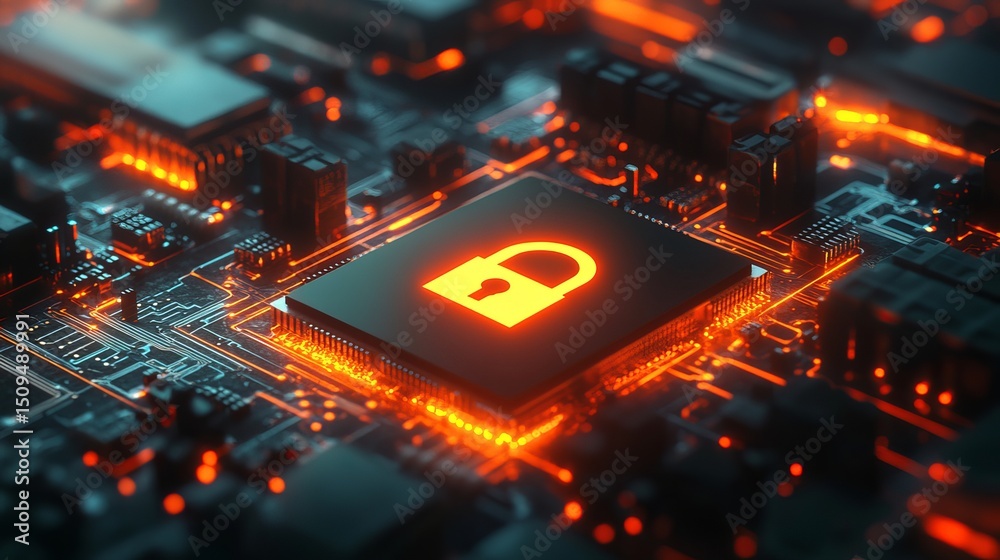 Aufkleber cybersecurity digital lock glowing circuit board technology abstract background modern secure data p