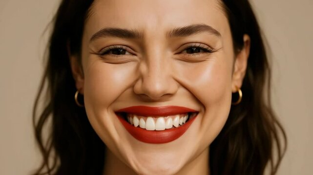 Close-up shot of a smiling woman with red lipstick, shot from a front angle. The style is bright and inviting, ideal for a beauty video.