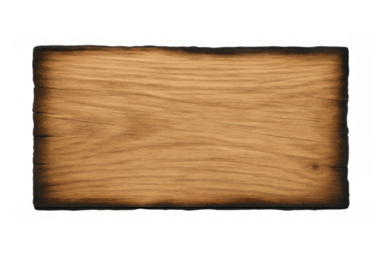 Wooden textured sign with burned edges isolated on transparent background, ideal for adding custom messages and designs