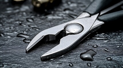 Closeup of pliers on a dark textured surface with water droplets.