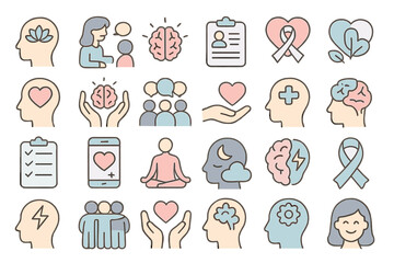 Mental health awareness icons featuring various activities and symbols related to well-being and connection