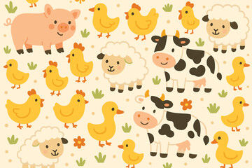 Happy farm animals gather together in a cheerful barnyard setting with various farmyard creatures