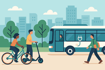 Urban commuters interact with public transport while enjoying a sunny day in the city