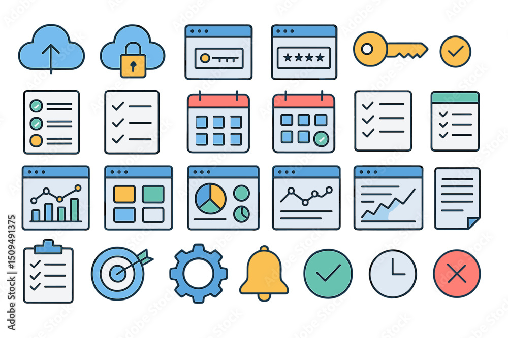 Poster digital icons representing cloud storage, data security, task management, and analytics for producti