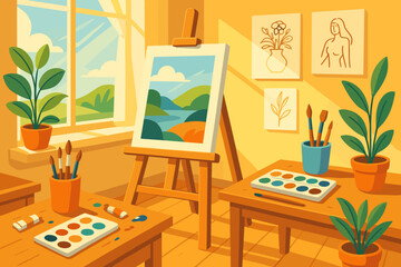 Fototapeta premium Art studio filled with light showcases easel, paint supplies, and vibrant landscape for creative inspiration