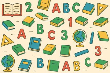 Colorful learning tools and educational symbols scattered on a light background in a playful arrangement
