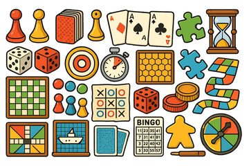 Colorful collection of various board games and gaming accessories on a bright background