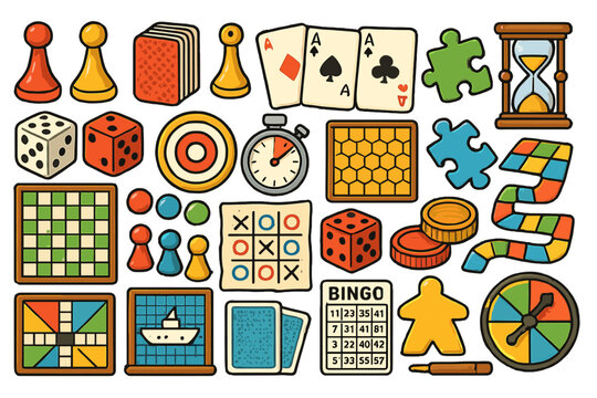 Colorful collection of various board games and gaming accessories on a bright background