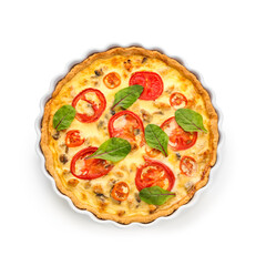 Delicious tomato tart with spinach leaves on white background