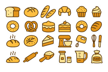 Delicious assortment of baked goods and baking tools arranged in a grid layout celebrating culinary arts and creativity
