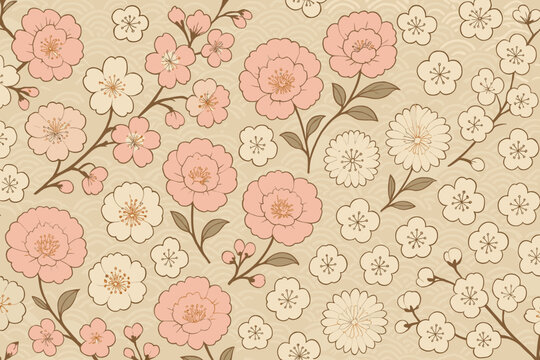 Floral pattern with pink and white flowers on a beige background showcasing springtime beauty and elegance